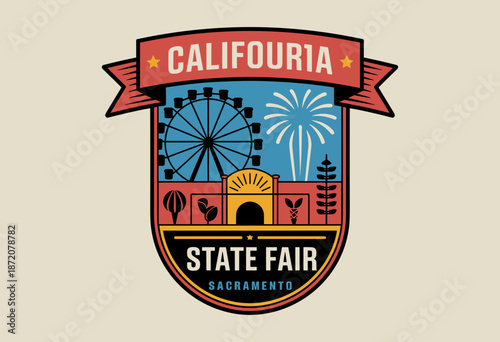 Vibrant State Fair Emblem Celebrating Fun and Community with Ferris Wheel and Fireworks Over Colorful Landmarks