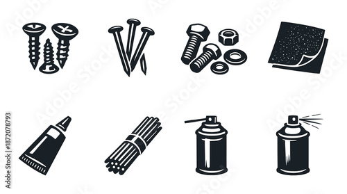 Assorted hardware and craft supplies: screws, nails, bolts, notebook, glue, wire, spray cans