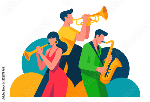 Vibrant Jazz Trio Playing Energetic Melodies with Colorful Instruments in a Creative Setting