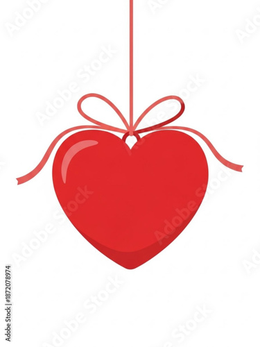 Red heart hanging with ribbon on white background for valentine's day  