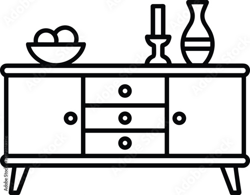 Modern sideboard cabinet with drawers and doors black and white outline illustration minimalist interior furniture storage design