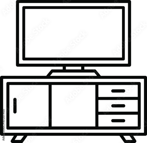 Modern TV stand with flat screen television outline illustration minimalist living room furniture black white line art vector