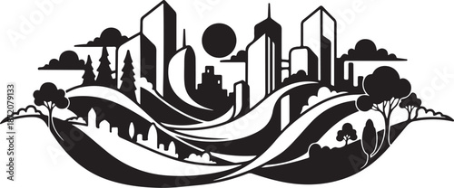 Cityscape with rolling hills and trees in black silhouette style