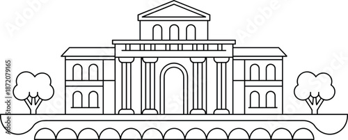 Neoclassical public building facade outline illustration with columns arches trees symmetrical architecture black white line art vector
