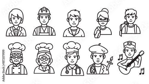 A diverse group of professionals in various occupations illustrated in a minimalist style.