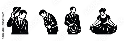 Elegant formal attire and dance poses in black and white silhouettes