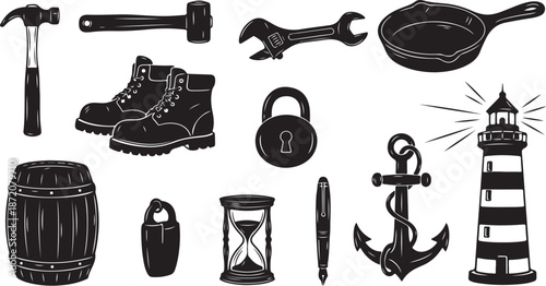 Nautical and construction tools icon set in black and white