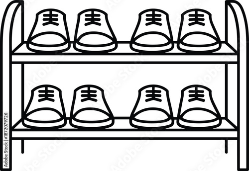 Shoe rack line art illustration with multiple pairs of shoes on shelves minimalist home storage furniture vector design