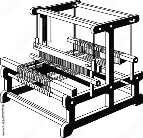 Traditional handloom weaving machine detailed line icon for textile craft industry fabric production black and white vector illustration