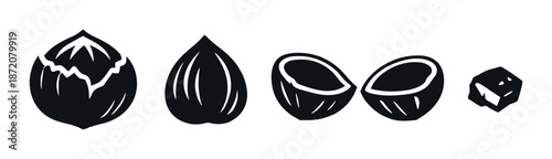 Minimalist nut icons on dark background: walnut, hazelnut, coconut, sugar cube