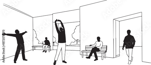 People in a modern minimalist interior space with large windows