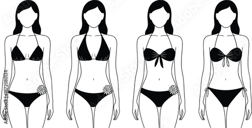 Women bikini fashion illustration set showing four elegant swimwear styles female body outline summer beach vector design