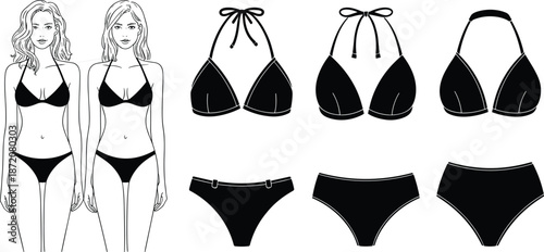 Women bikini set illustration with female models and mix and match swimwear tops and bottoms black white fashion vector design