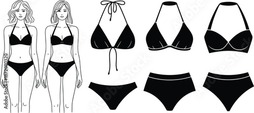 Women bikini set illustration with female models and separate swimwear pieces black white fashion vector for summer beach design