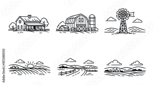 Rustic farm scenes featuring barns, windmill, and rolling hills at sunset