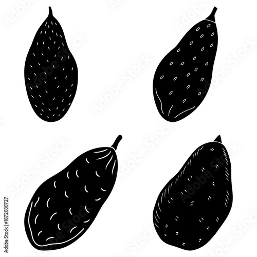 Three Black Passiflora Edulis Fruit Silhouettes on White Background passion fruit
