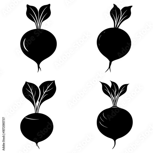 Four Black Beetroot Vegetables with Leaves on White Background silhouette