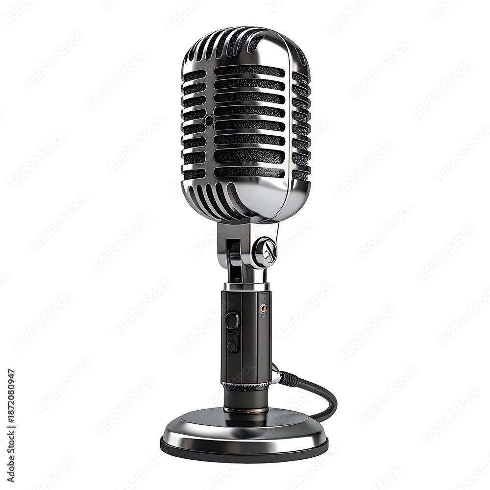 Fototapeta premium Shiny chrome vintage microphone, on black background, isolated