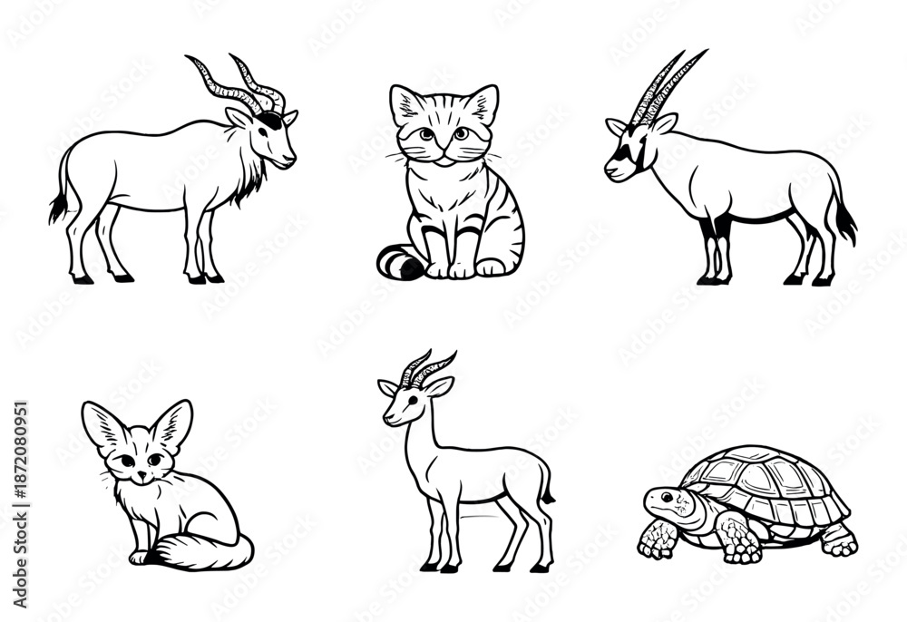 Fototapeta premium Illustrated safari: antelope, cat, fennec fox, tortoise, and more