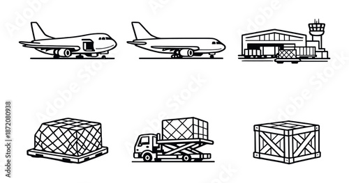 Airplane logistics illustration with cargo and airport elements