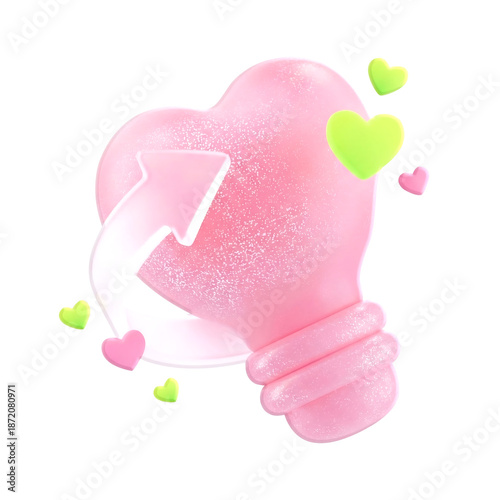 3D Glowing Heart Lightbulb Icon Representing Creative Love Idea