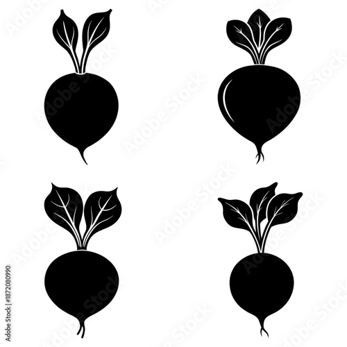 Four black beetroot vegetable silhouettes with leaves on white background