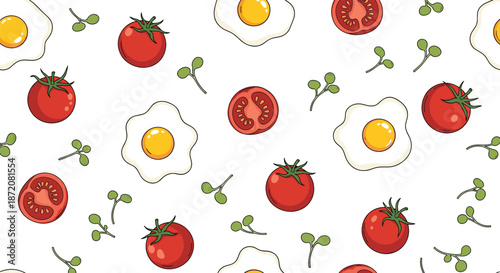 Vibrant seamless food pattern with fried eggs red tomatoes and small green herbs scattered on a clean white background.