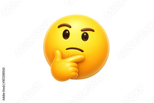 Thinking face emoji with hand on chin illustrating thought, reflection, skepticism, questioning, or confusion on transparent background