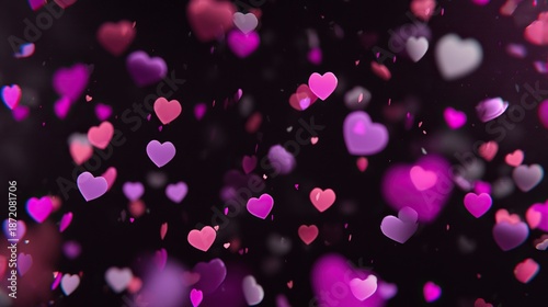 Glowing pink hearts floating on a black background, with cartoon cute heart-shaped bokeh, creating a romantic Valentine's Day atmosphere