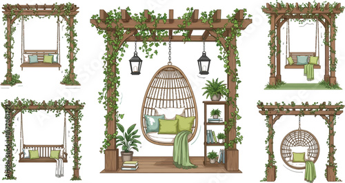 Cozy outdoor spaces featuring hanging chairs and swings with lush green vines design