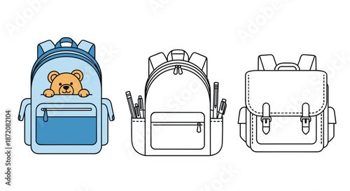 Diverse set of school backpacks including a blue bag with a teddy bear and two line art designs for education and student related concepts.
