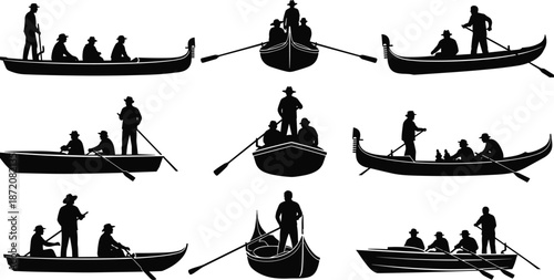 gondola, rowboat, silhouette, watercraft, boat, rowing, passenger, oar, black, white, icon, illustration, vector, design, symbol, transport, culture, motion, travel, ride