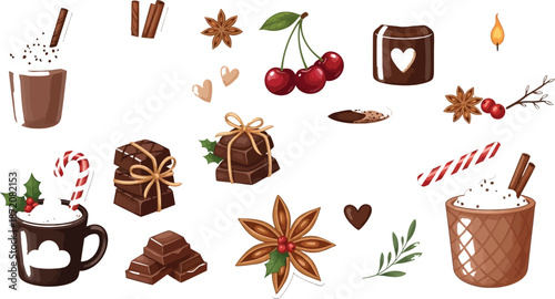 Cozy winter stickers of hot chocolate coffee and chocolate treats for holiday cheer