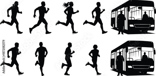 bus, running, silhouette, people, motion, commute, urgency, posture, black, white, icon, illustration, vector, design, symbol, transportation, passenger, street, action, daily