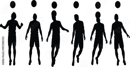 Soccer player juggling ball silhouette sequence showing football control movement action isolated on white background vector illustration, sports training concept