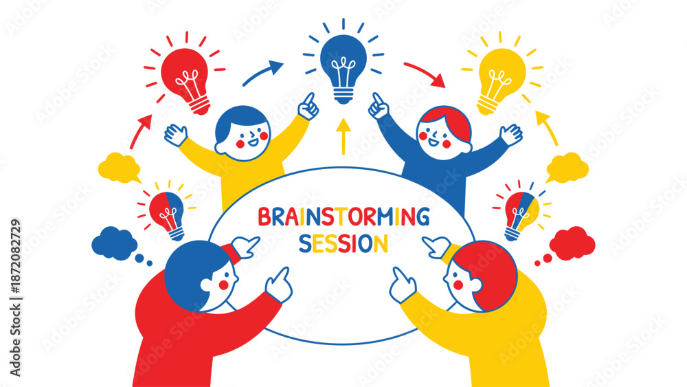 Obraz premium Team Brainstorming Session Illustration with People Generating Ideas, Collaboration, and Creative Problem Solving
