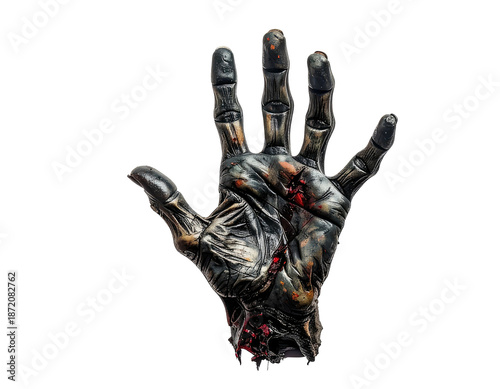 Distressed, decaying hand, with exposed bone and flesh. Black background