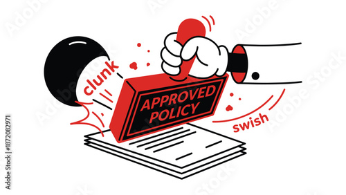 Hand Stamping 'Approved Policy' on Documents - Official Approval Process Illustration