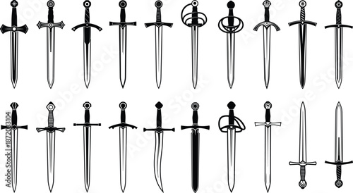 Sword silhouettes, medieval weapon set, black dagger collection, knight blade illustration, ancient steel arsenal, fantasy combat icons, vector clipart pack