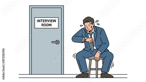 Anxious man sweating profusely, waiting nervously outside the interview room for a job.