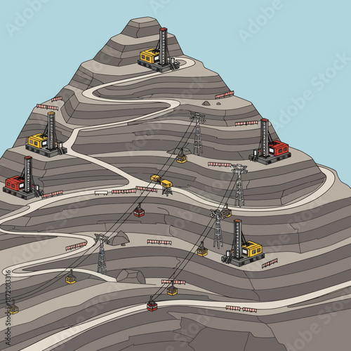 Mining Operation on Mountainous Terrain Illustration.