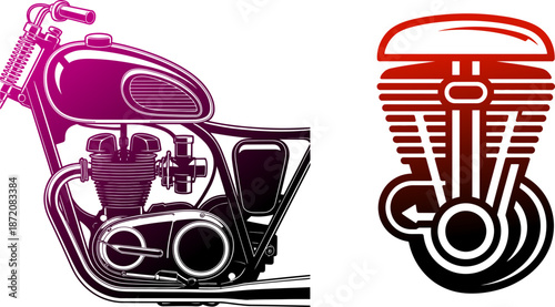 Vintage motorcycle illustration with engine design, ideal for custom garage art