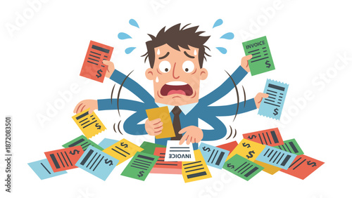 Stressed businessman overwhelmed by a mountain of bills and invoices. Financial burden, debt, and multitasking pressure concept.