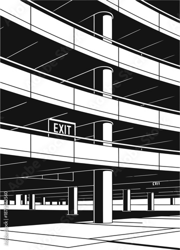 Dynamic monochrome illustration of a multi level parking garage with exit signs