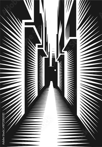 Dramatic perspective down a dark city alley with towering buildings and bright light