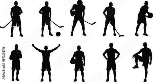 Athlete silhouettes set, hockey football basketball sport player poses collection isolated on white background vector illustration design for training concepts