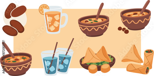 Ramadan Iftar Food Collection with Dates, Fruit Soup, Iced Tea, Samosas and Spring Rolls, Islamic Fasting Breaking Meal Elements in Flat Vector Style