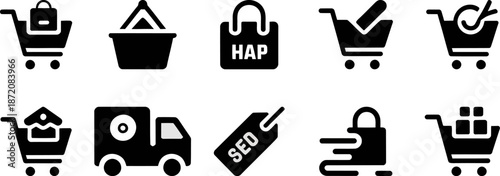 Ecommerce and Marketing Icon Set with Shopping Cart Bags and SEO Tags