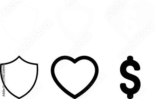 Financial and Health Protection Icons with Heart Shield and Dollar Sign Symbols