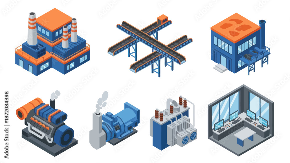 Naklejka premium Industrial Factory Buildings and Equipment Icons.